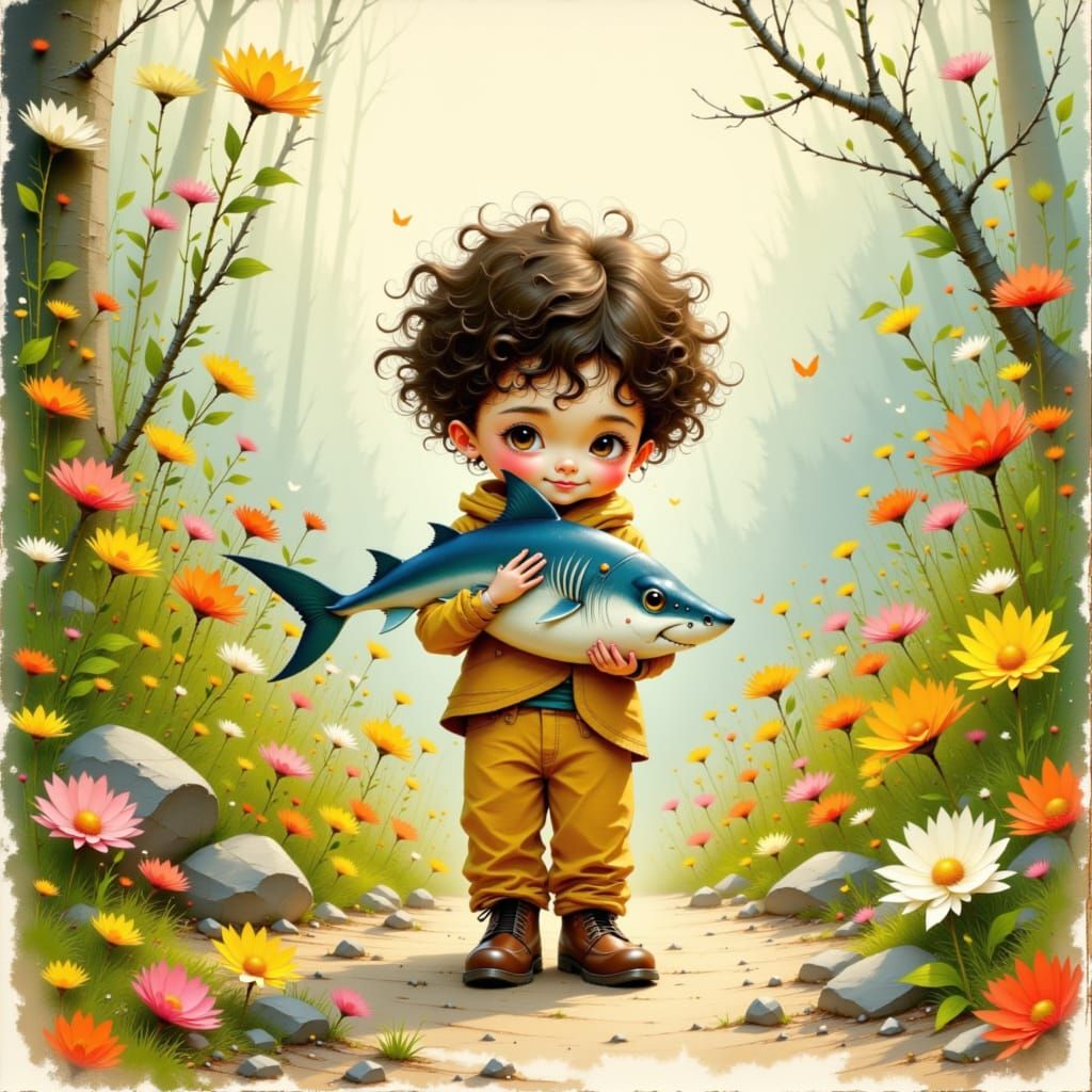 Boy Cradles Feathery Shark in Lush Garden