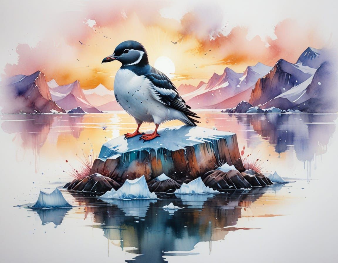 Arctic Fjord Sunset with Icebergs and Auk in Watercolour