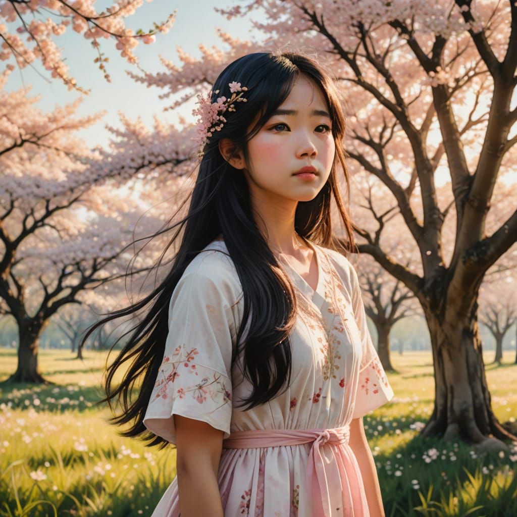 Ethereal Anime Goddess in Whimsical Cherry Blossom Field