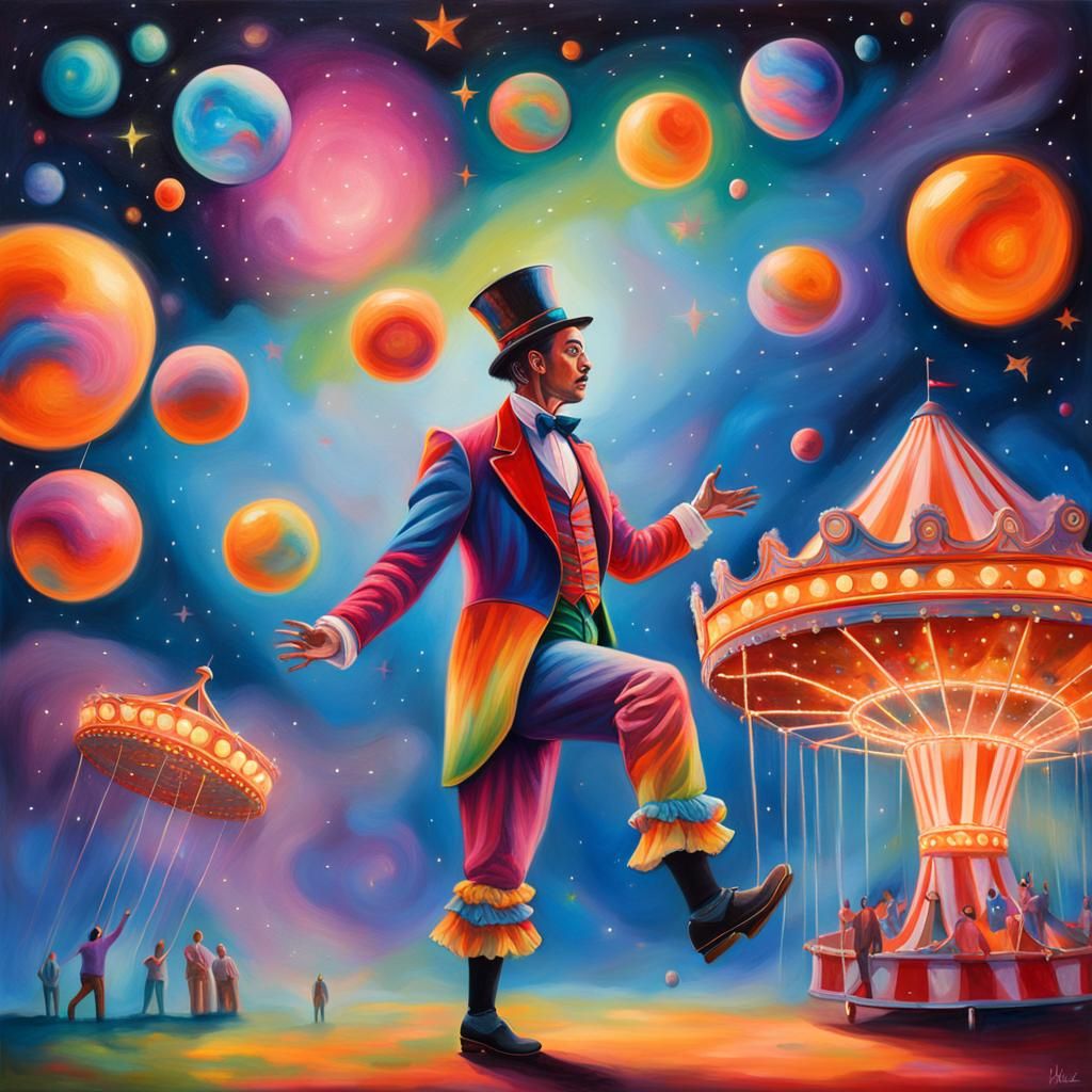 Surreal Circus Performer Juggling Orbs Under Stars