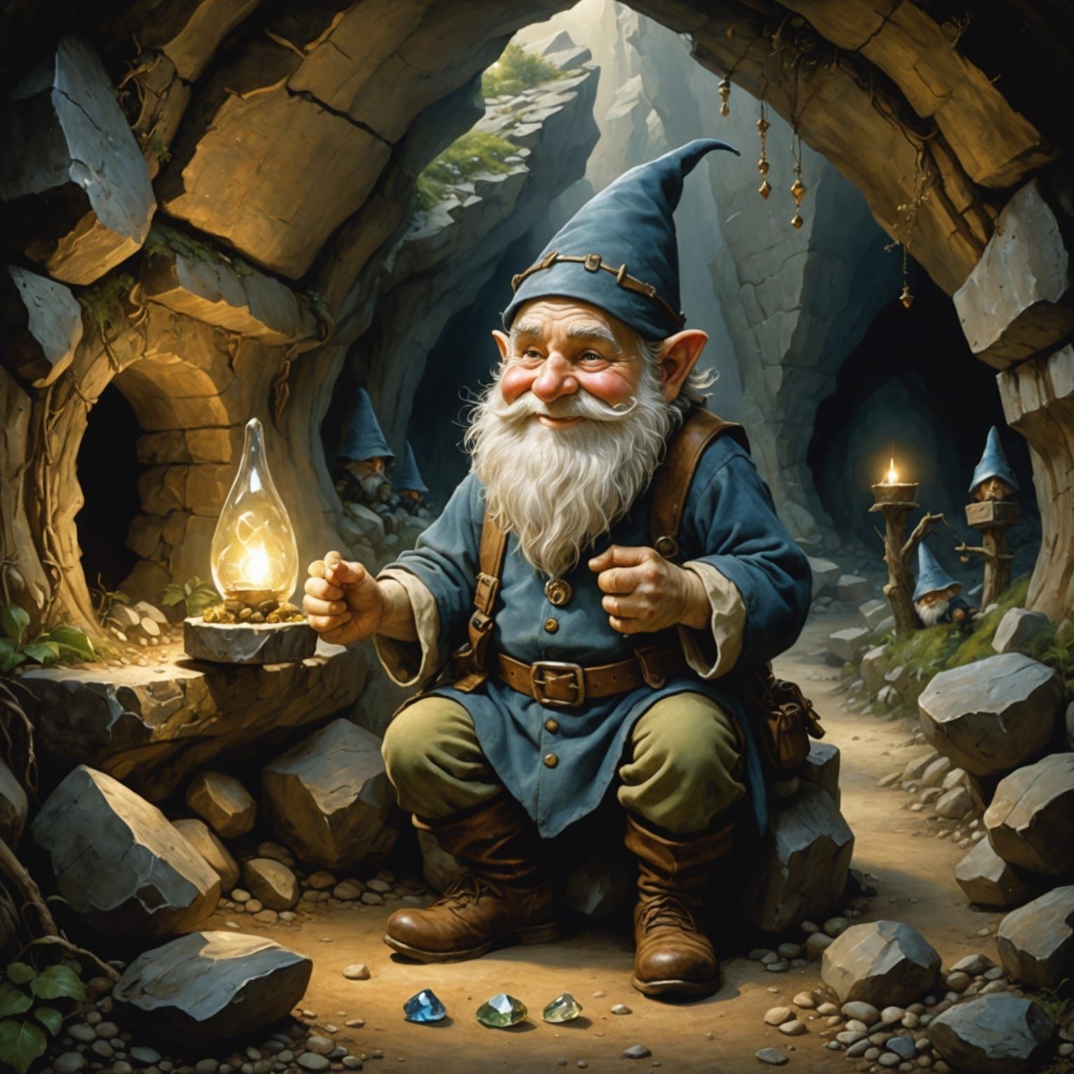 Gnome Digging Gems in Cave: Airbrush Masterpiece