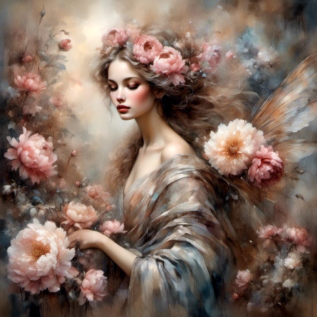 Vintage Peony Flower Fairy in Oil Painting Style