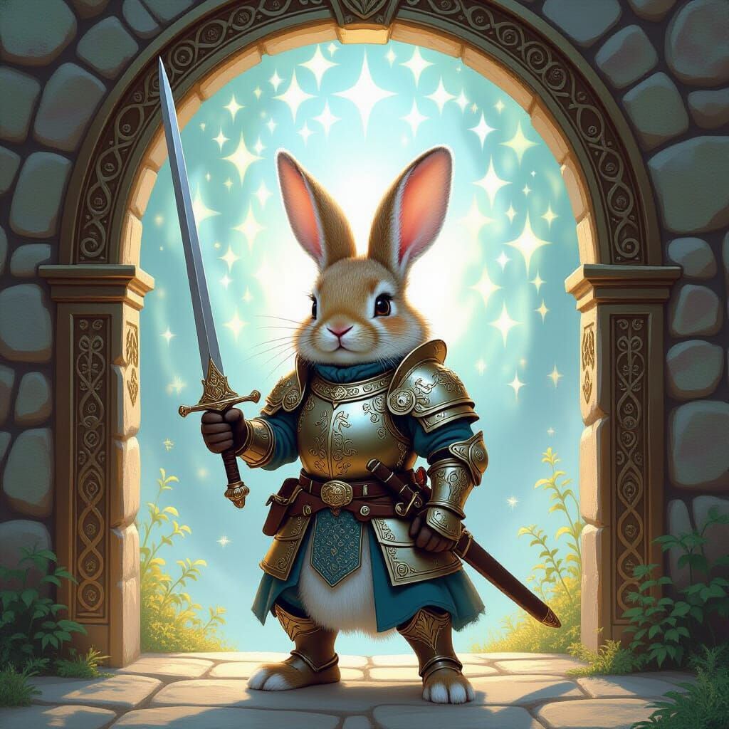 Fluffy Rabbit Soldier Guards Mystical Portal in Fantasy Styl...
