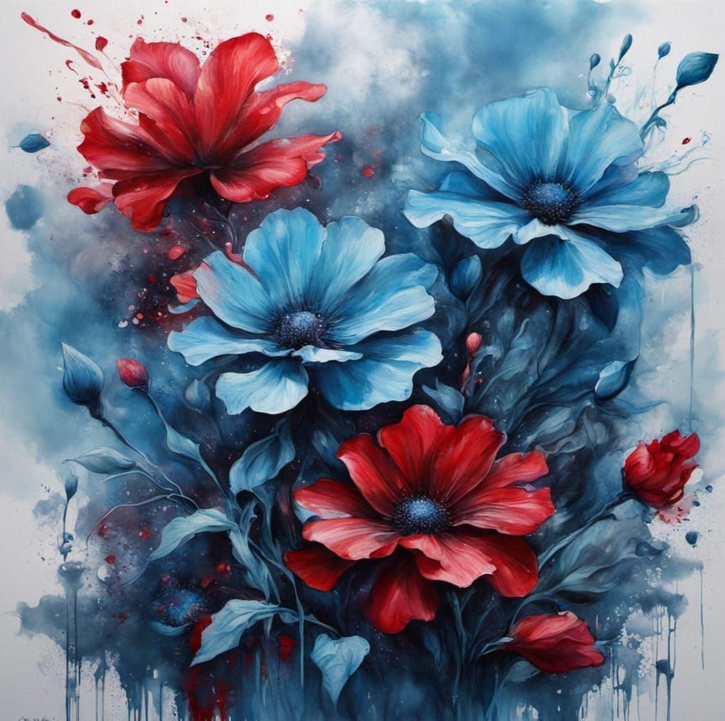 Crimson Floral Painting in Cyberpunk Style