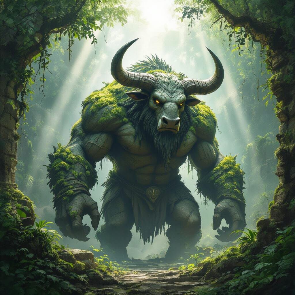 Ancient Granite Minotaur Guards Jungle Temple In Fantasy Art...