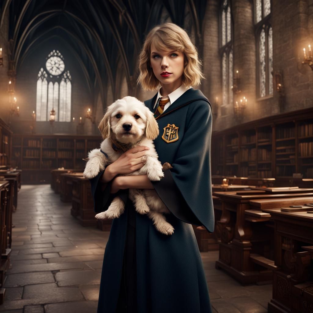 Pop Star with Puppy Wizard in Hogwarts, Digital Art