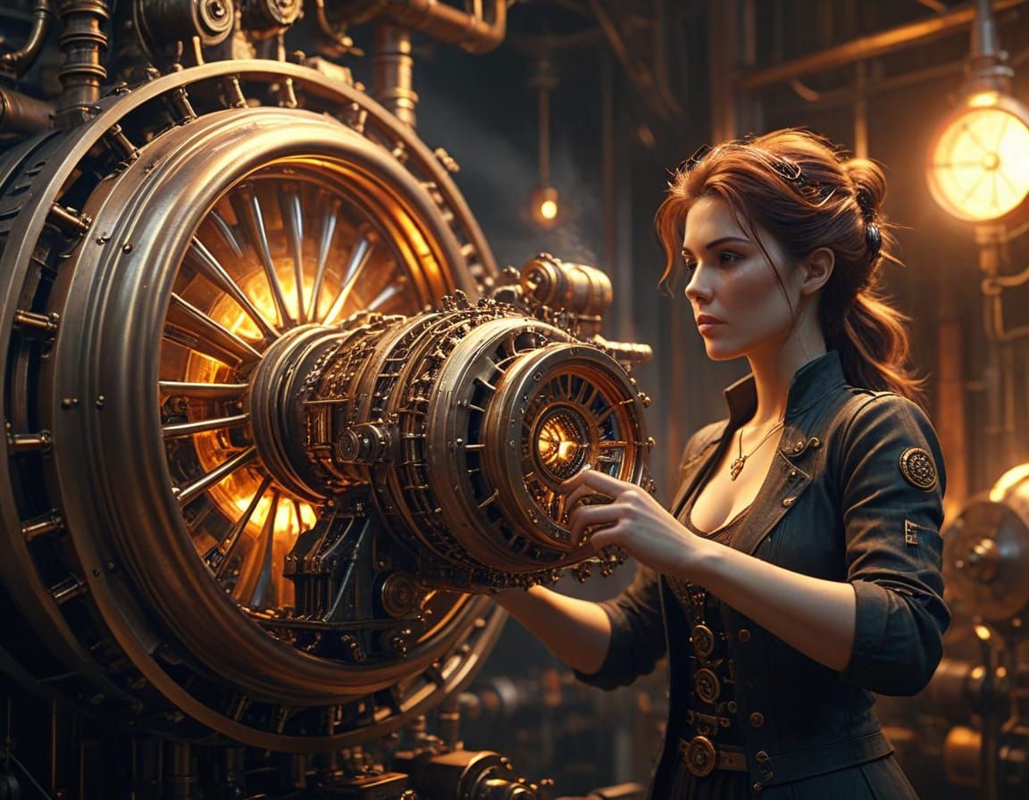Steampunk Inventor Building Turbine Engine