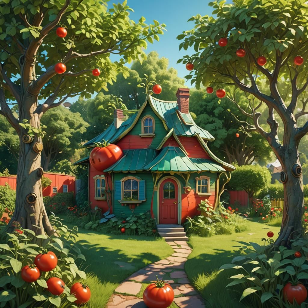 Tomato House in Sunny Garden: Whimsical Digital Art