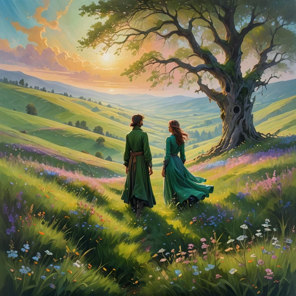 Ethereal Meadow Landscape with Glowing Flowers