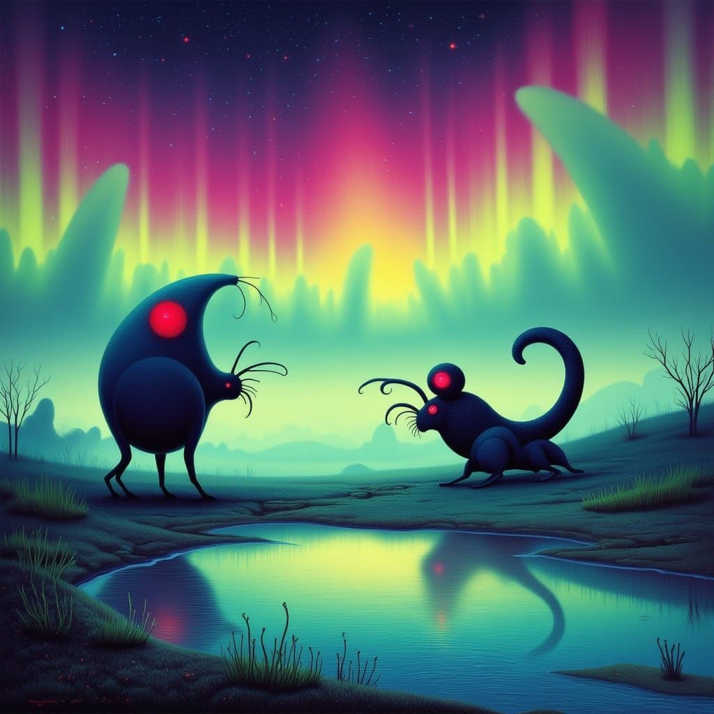 Squishy Creatures on Misty Shore Under Aurora Sky