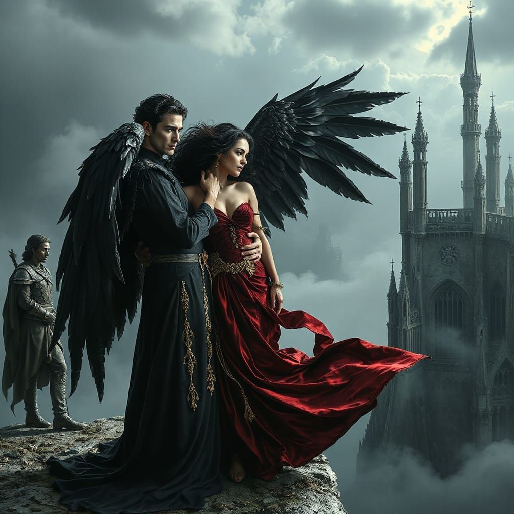 Dark Angel and Woman in Forbidden Love Amidst Gothic Ruins