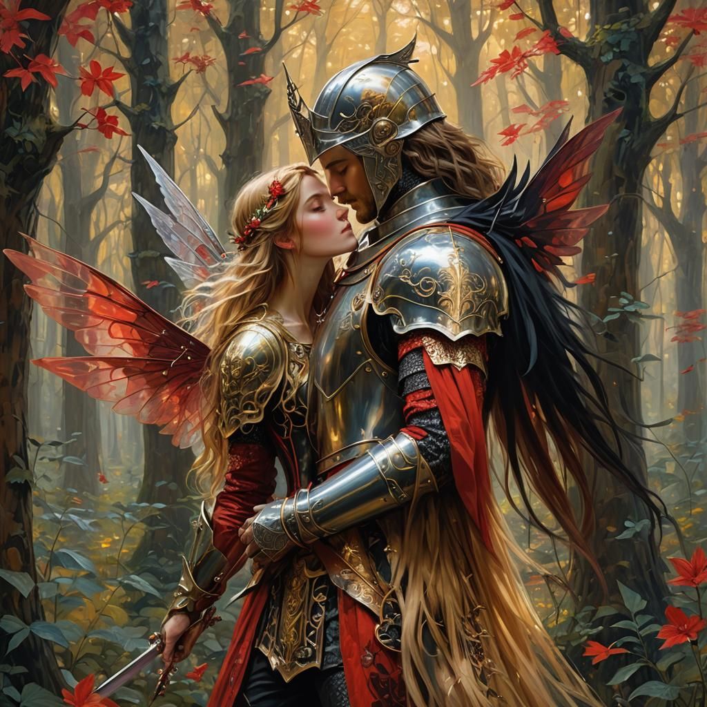 Knight and Fairy's Kiss in Enchanted Forest