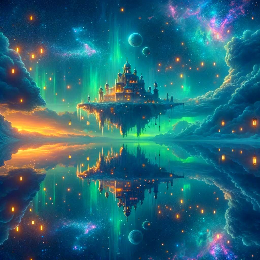 Surreal Floating Temple Under Aurora Sky