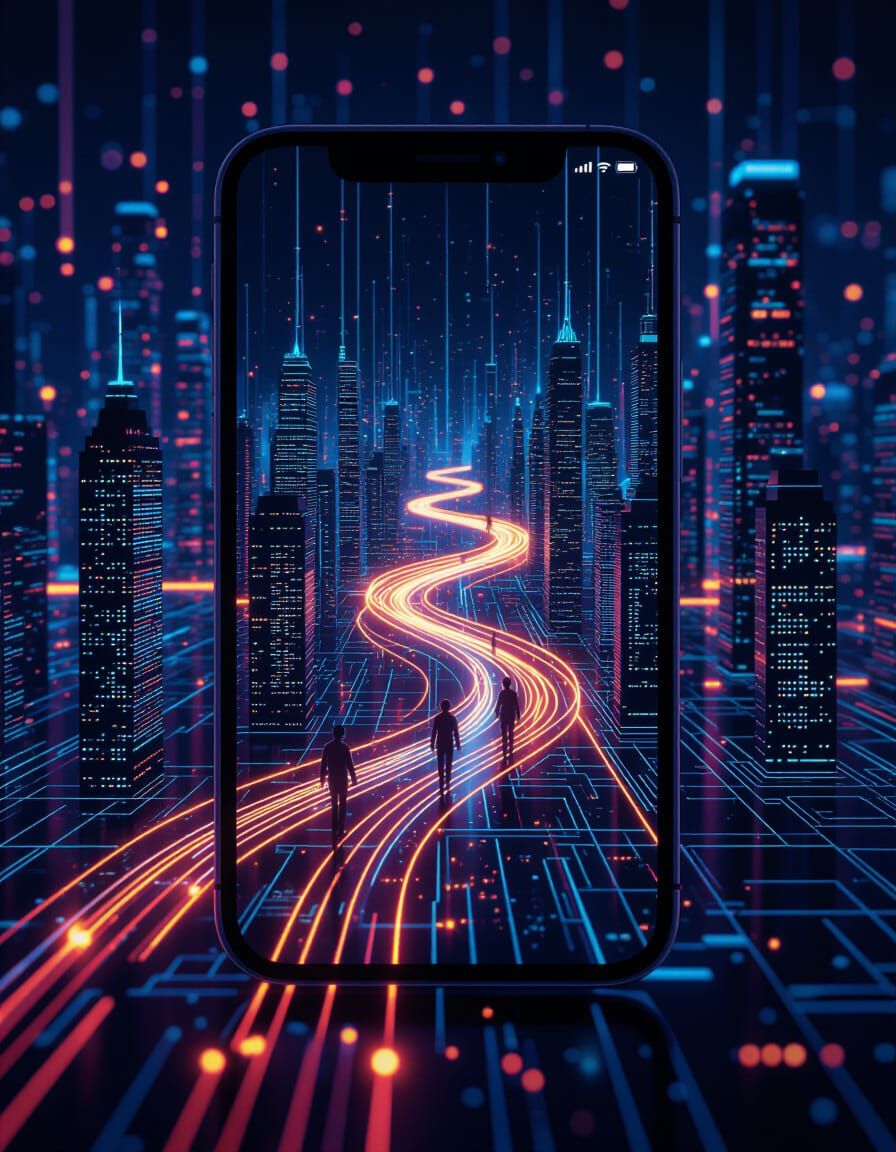 Glowing Fiber Optic Cityscape Inside Smartphone Screen