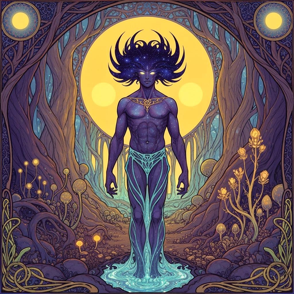Cosmic Forest Spirit in Art Nouveau Style