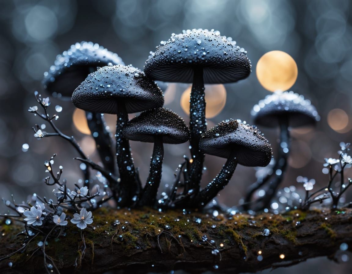 Metallic Chrome Mushrooms with Dew and Iridescence