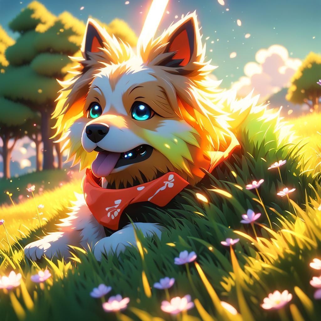 Cute Dog on Grassy Hill in 3D Anime Art