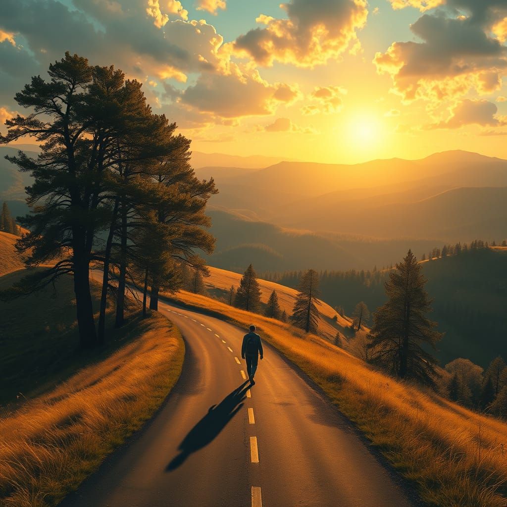 Lone Figure Walking Towards Golden Light