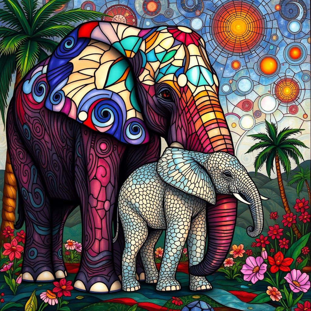 Ethereal Elephant Matriarch in Vibrant Stained Glass Style
