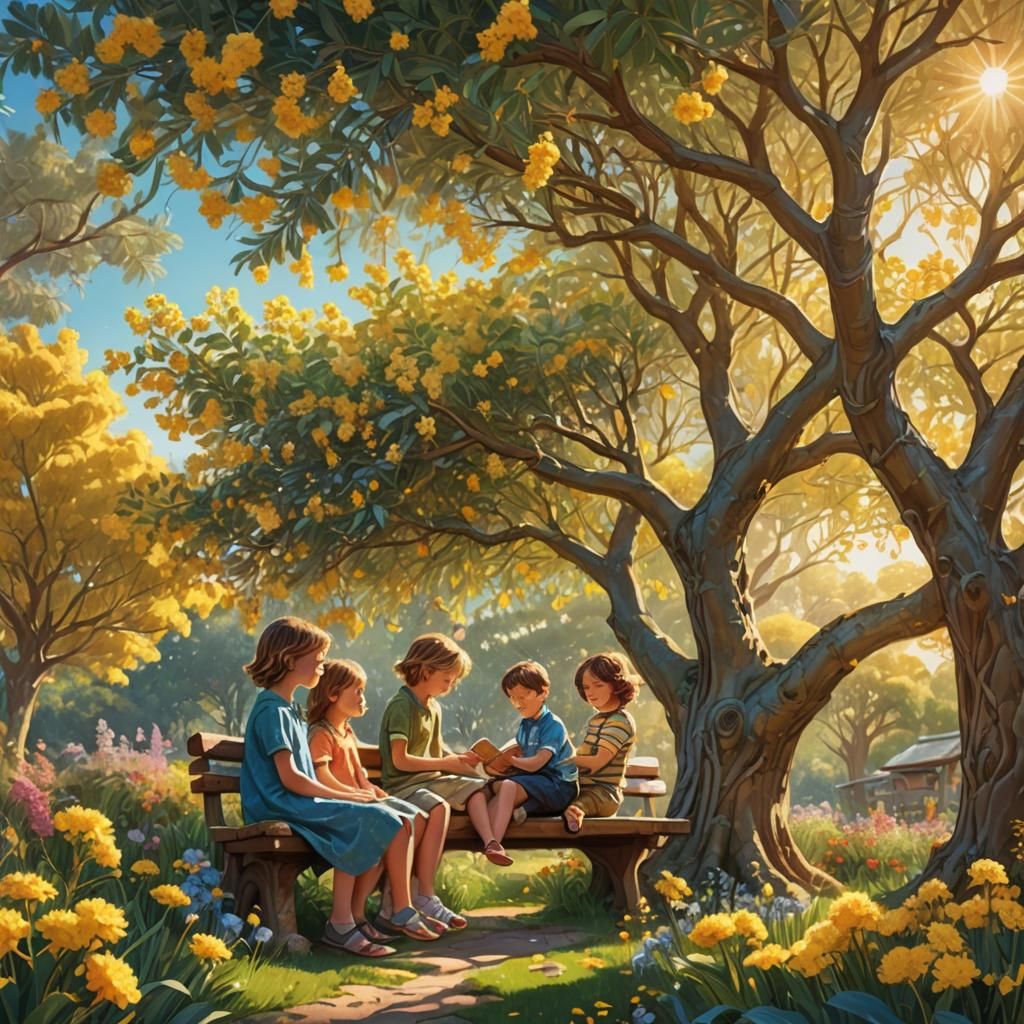 Children Under Golden Wattle Tree: Fantasy Concept Art