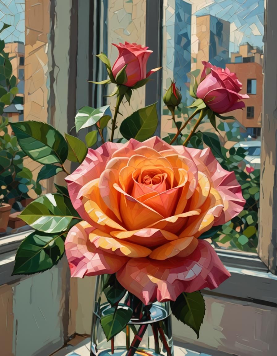 Rose in Vase: Abstract Art with Cubist Elements
