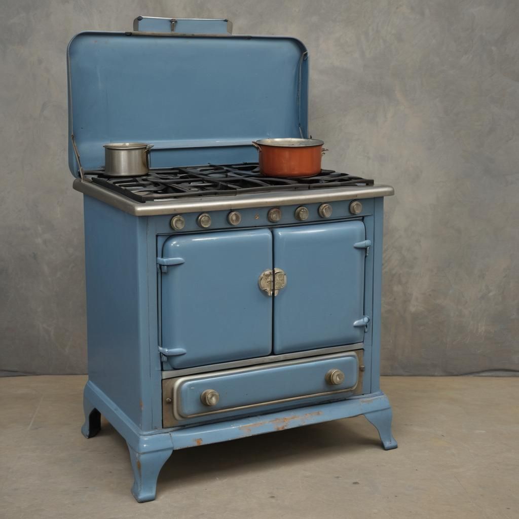 Vintage Blue Enamel Stove in Oil Chalk Style