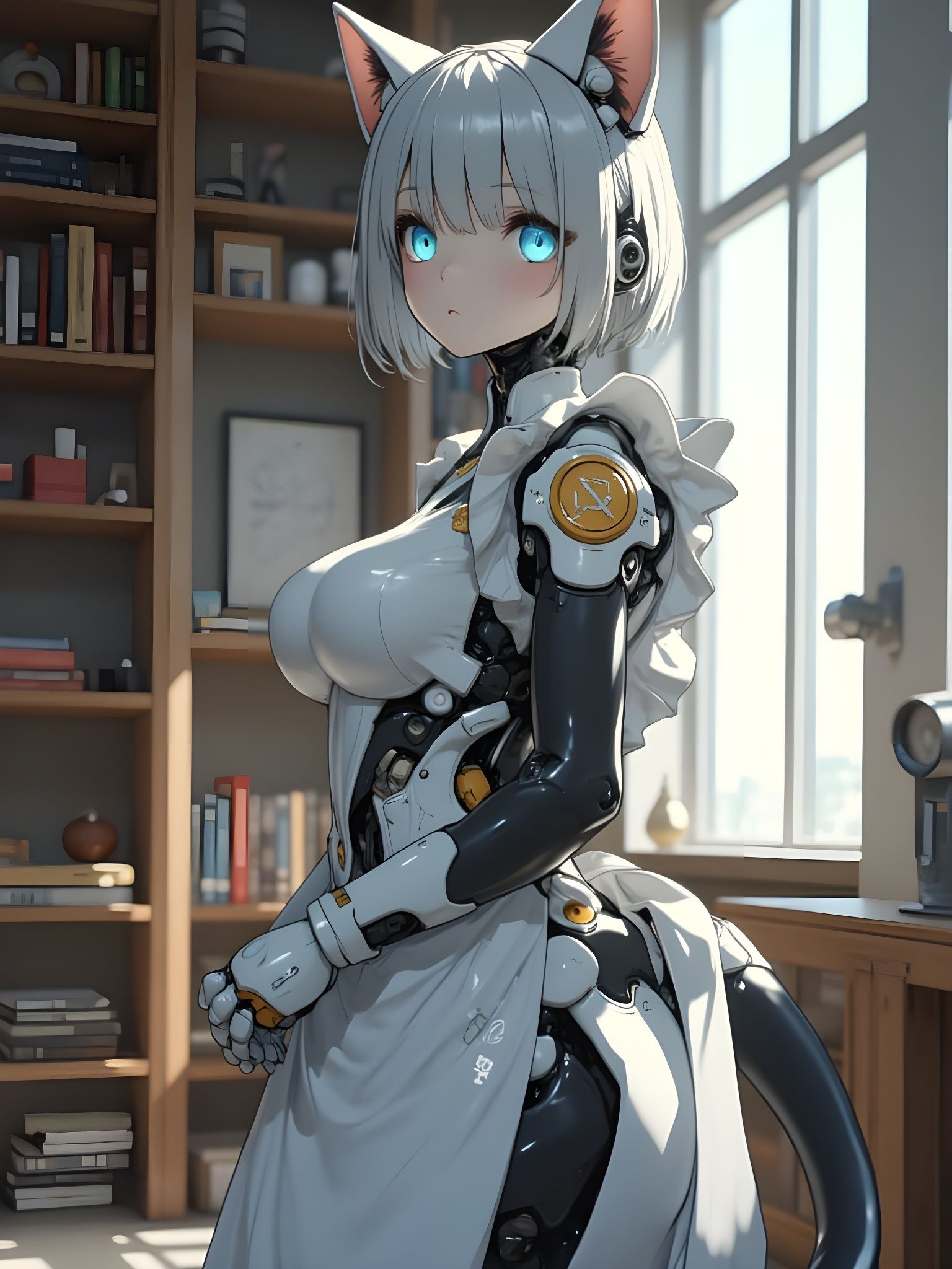 Silver Catgirl Maid in Neo-Cyberpunk Living Room