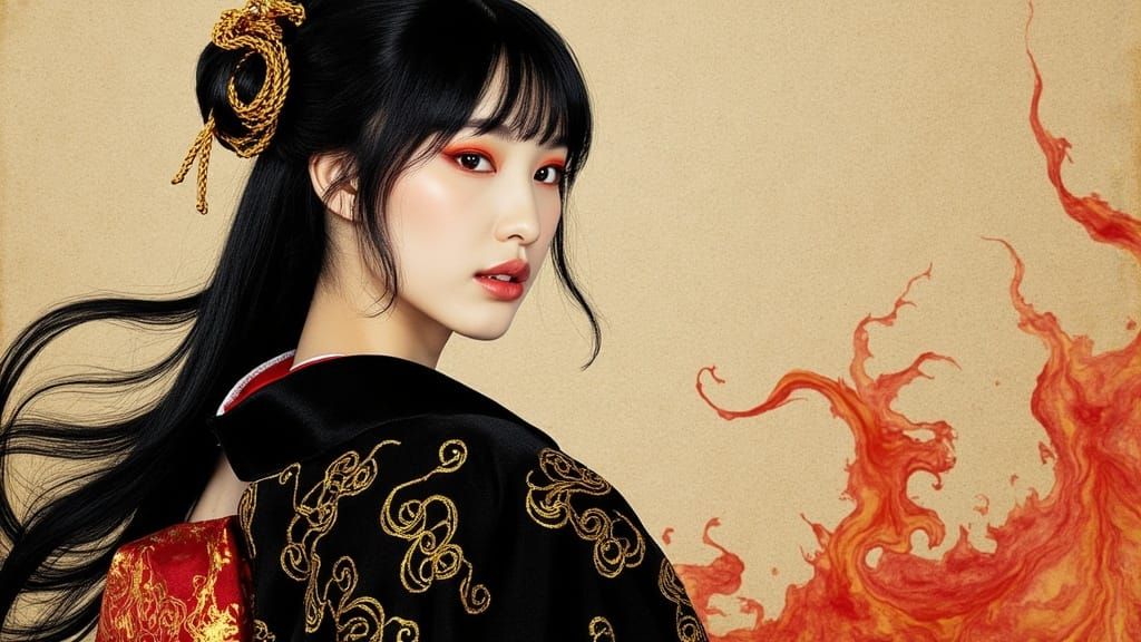 Ethereal Japanese Noblewoman in Fiery Kimono