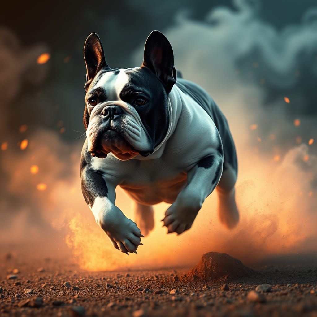 Sleek Black and White Bulldog in Mid-Stride