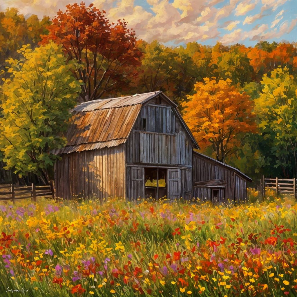 Autumnal Flowers Surround Barm in Abstract Style