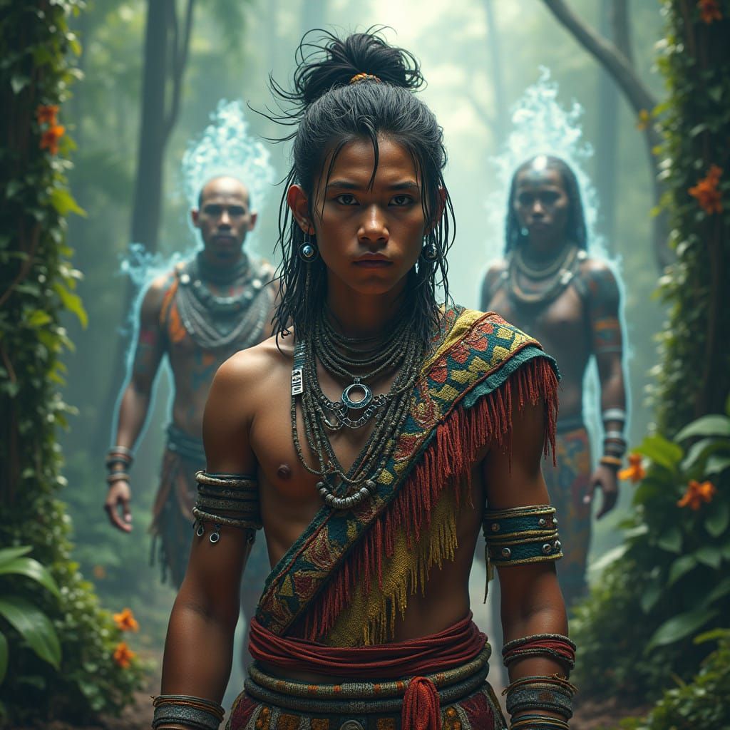 Hyperrealistic Portrait of a Young Indigenous Warrior in Vib...