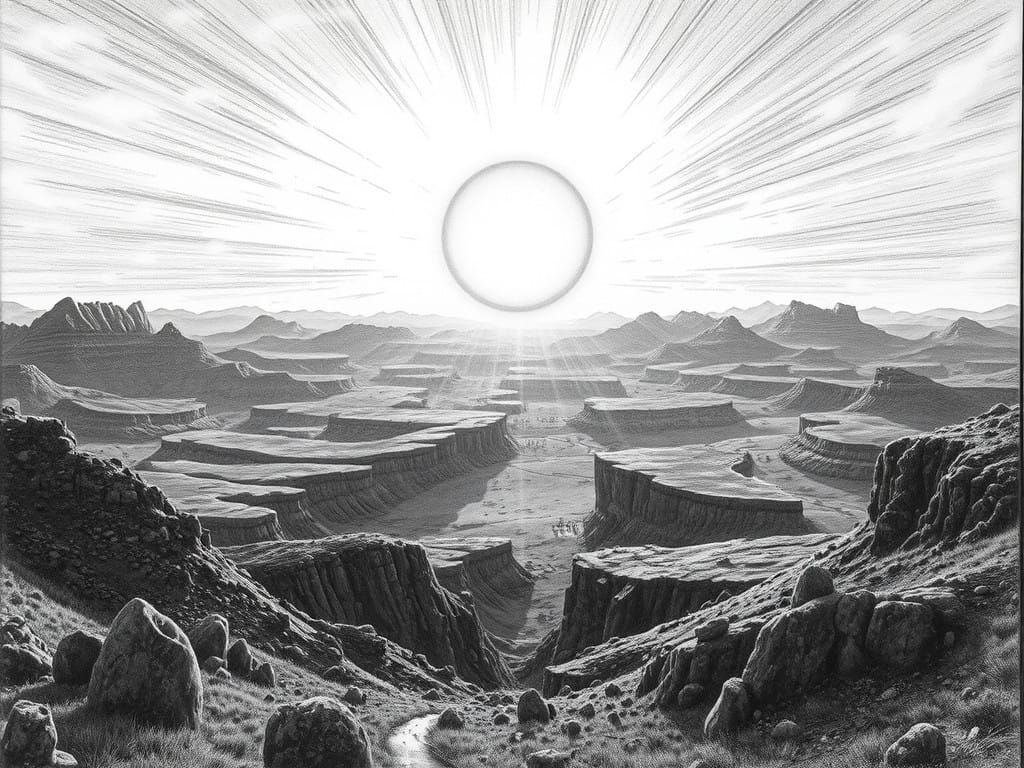 Majestic Sun Dominates Charcoal Landscape in Realistic Penci...