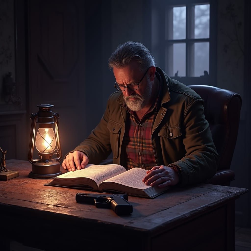 Man Studying Book in Dark Study with Glock