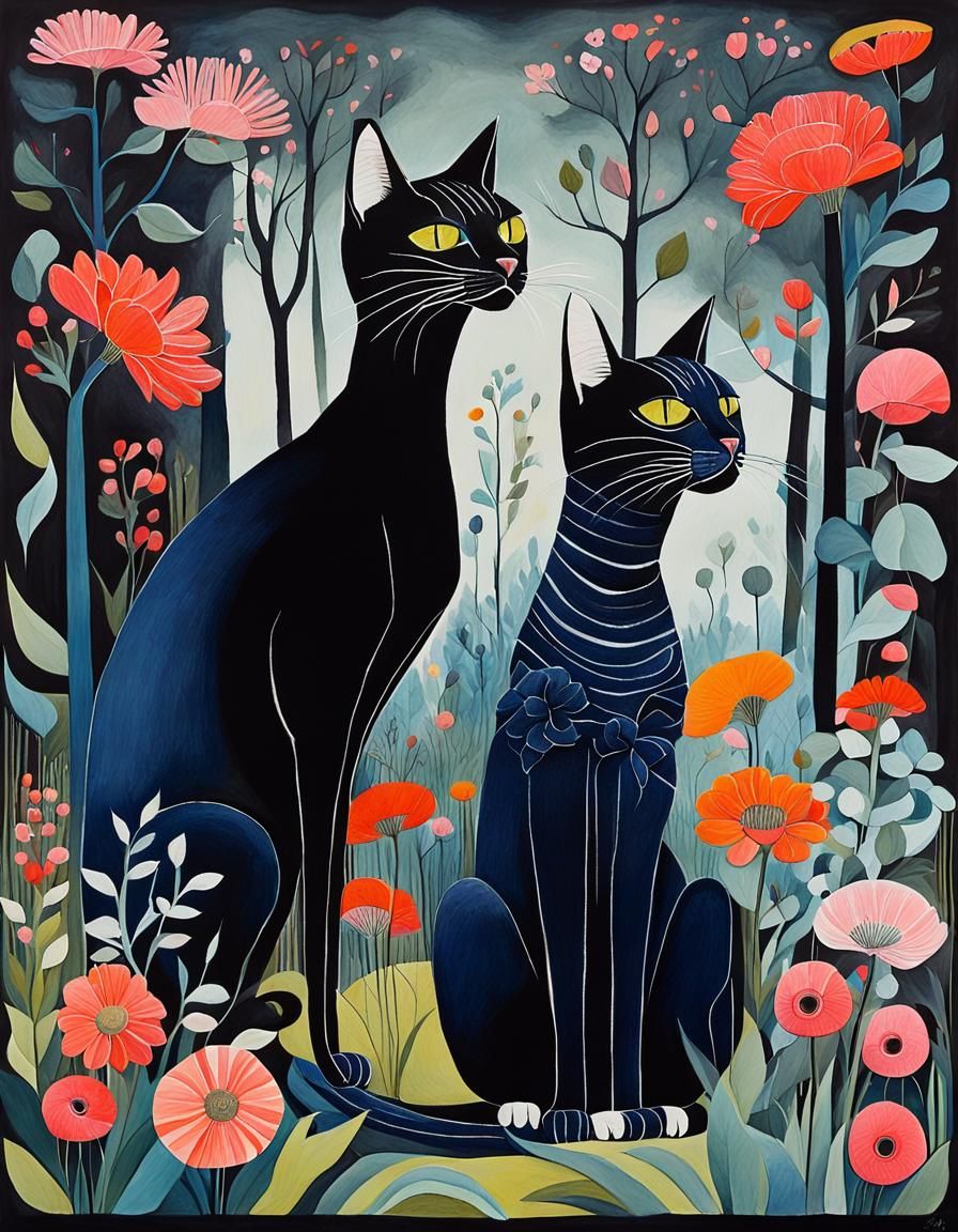 Long-Necked Cats in Floral Park, Gouache Style