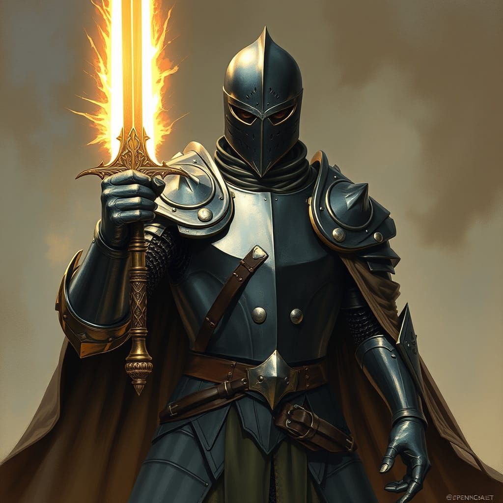 Armored Knight with Magical Sword in Fantasy Style