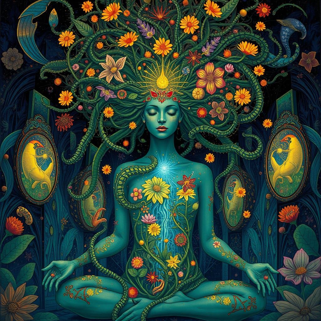 Surreal Goddess in Vibrant Labyrinth of Shattered Mirrors