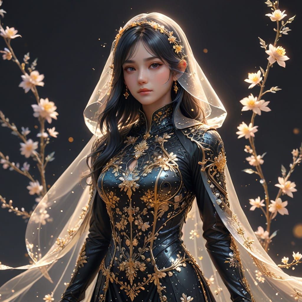 Woman in Carbon Fiber Veil, Hyper-Realistic 3D Anime