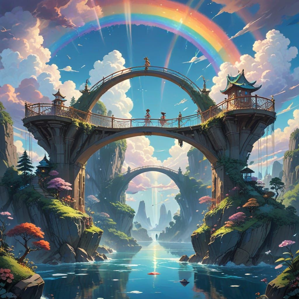 Glowing Crystal Bridge Between Floating Islands in a Whimsic...