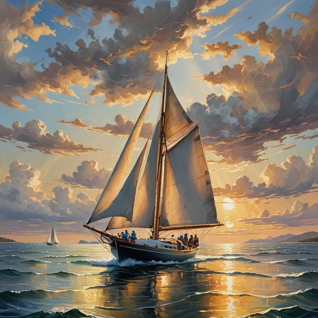 Sailor on Sailboat: Vibrant Oil Painting