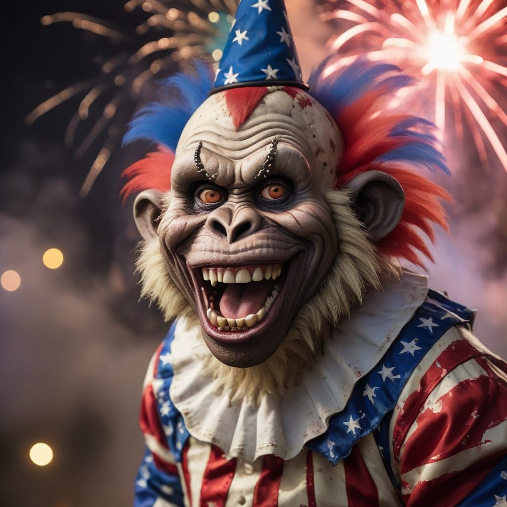 Patriotic Zombie Monkey Clown Maniac in Fireworks Display