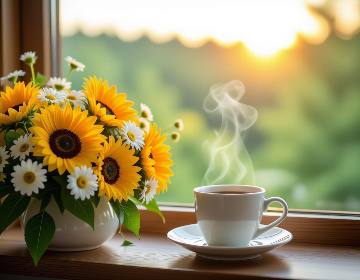 Hyperrealistic Summer Bouquet and Coffee at Dawn