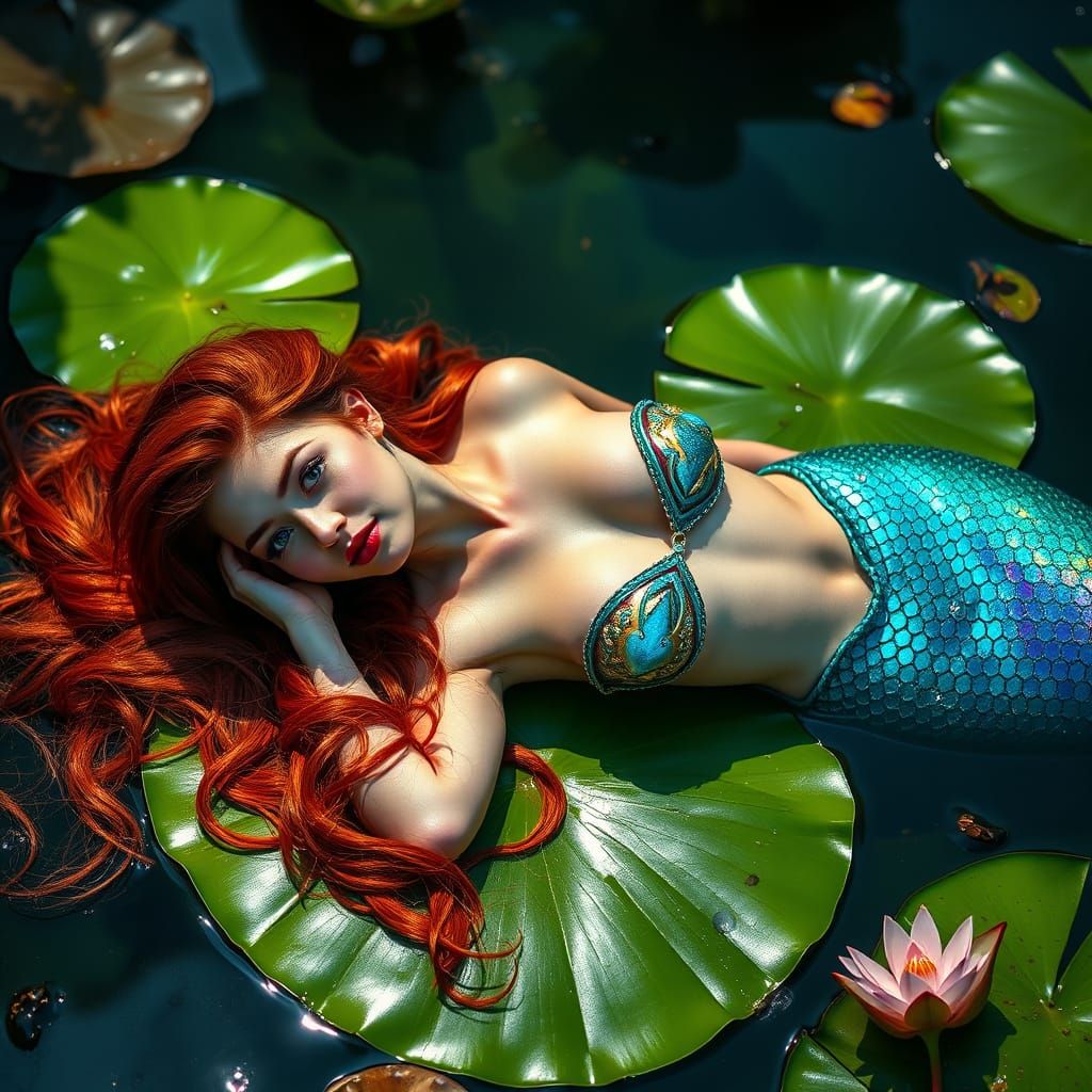 Hyperrealistic Mermaid on Water Lily Pad