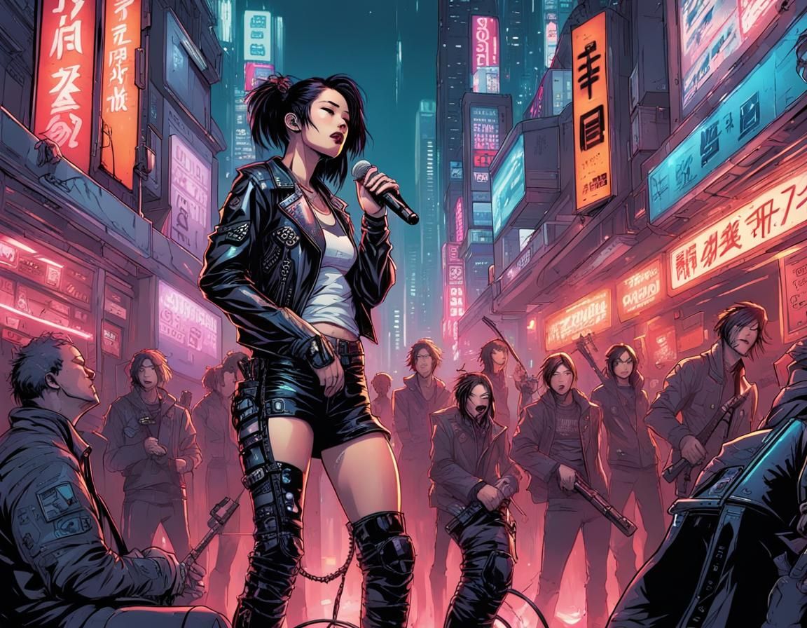 Cyberpunk Tokyo Karaoke Singer in Comic Book Art