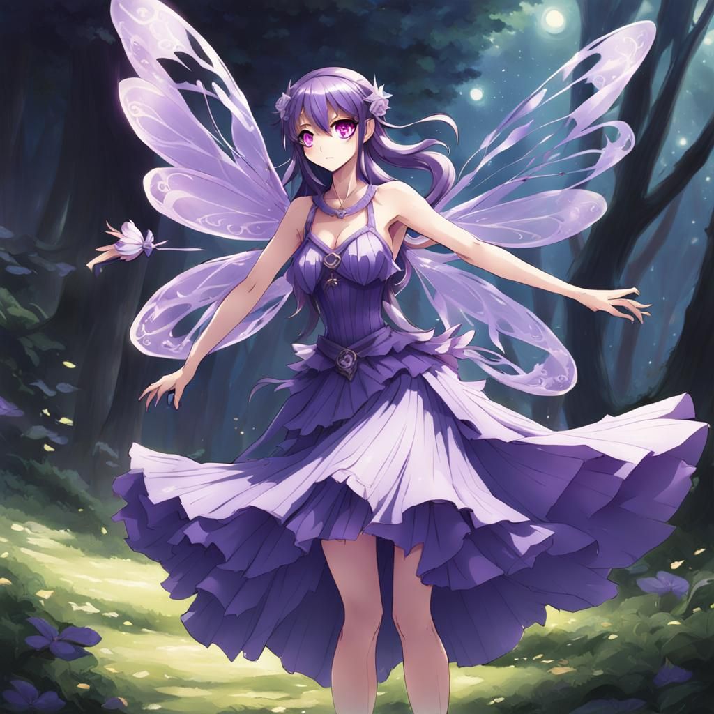 Purple Fairy in Flowing Dress, Anime Style