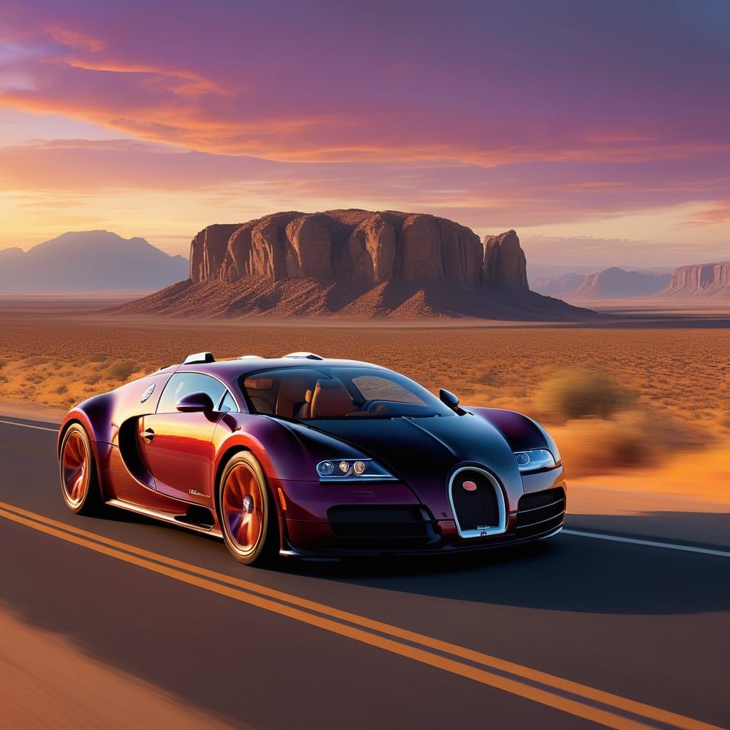 Cherry Red Bugatti Veyron Speeds Down Desert Highway at Suns...