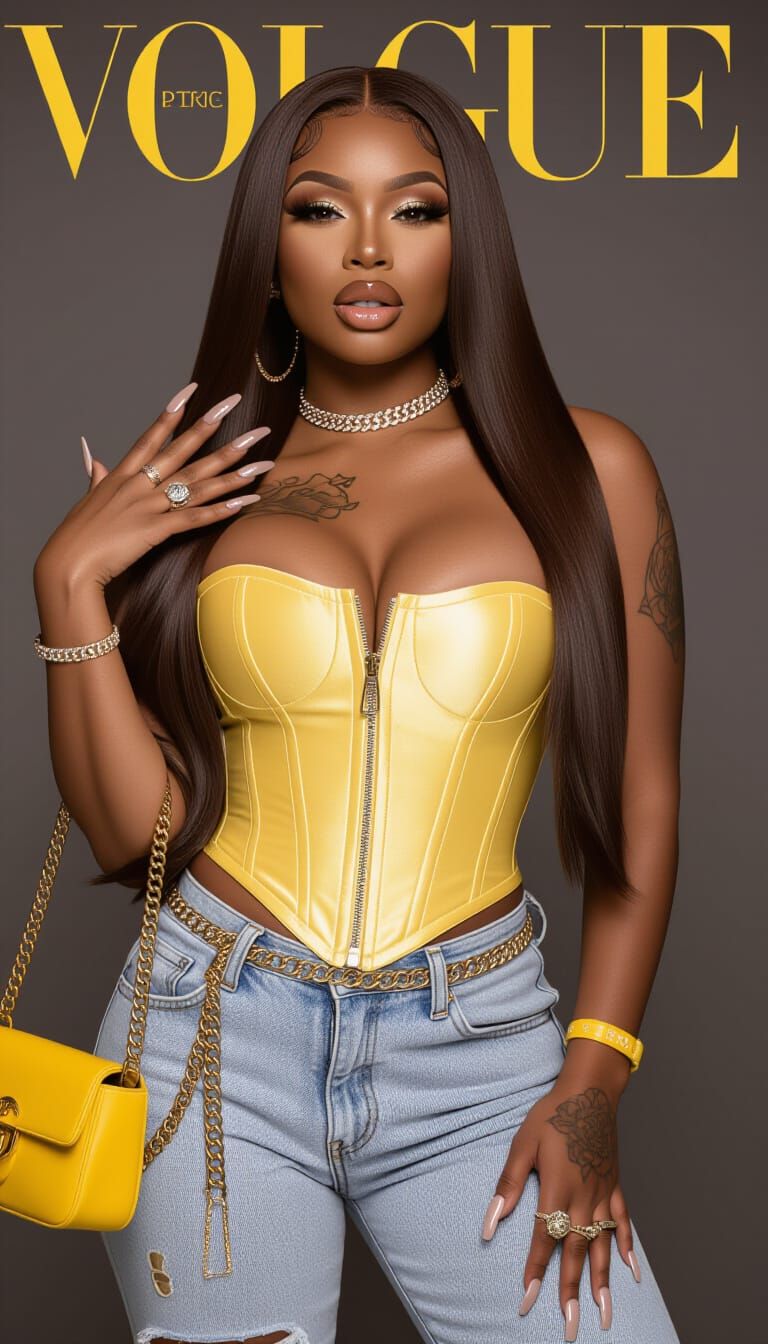 Woman in Luxury Streetwear with Golden Satin Corset