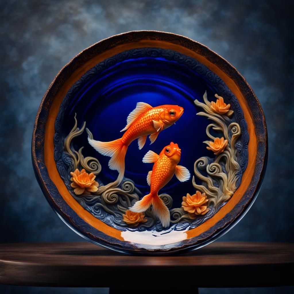 Clay Vessel with Goldfish in Batik Style