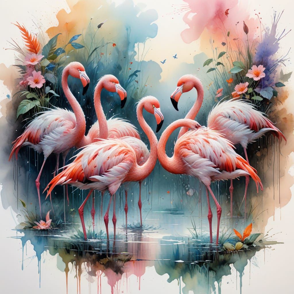 Flamingos in Lake at Dawn: Watercolor Painting