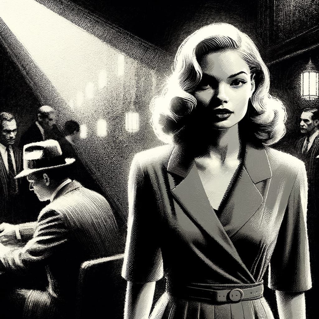Femme Fatale Enters Noir Detective Office