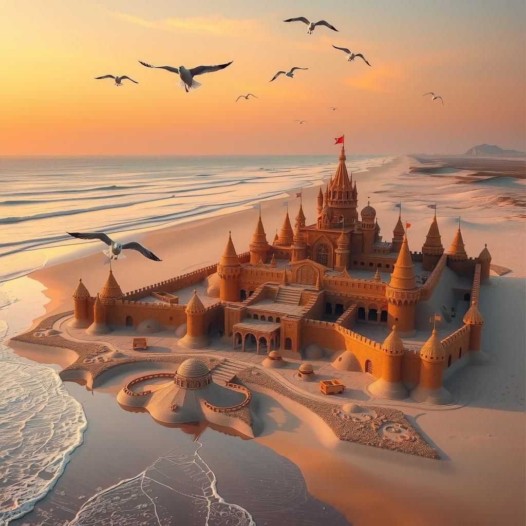 Golden Sandcastle Kingdom at Sunset